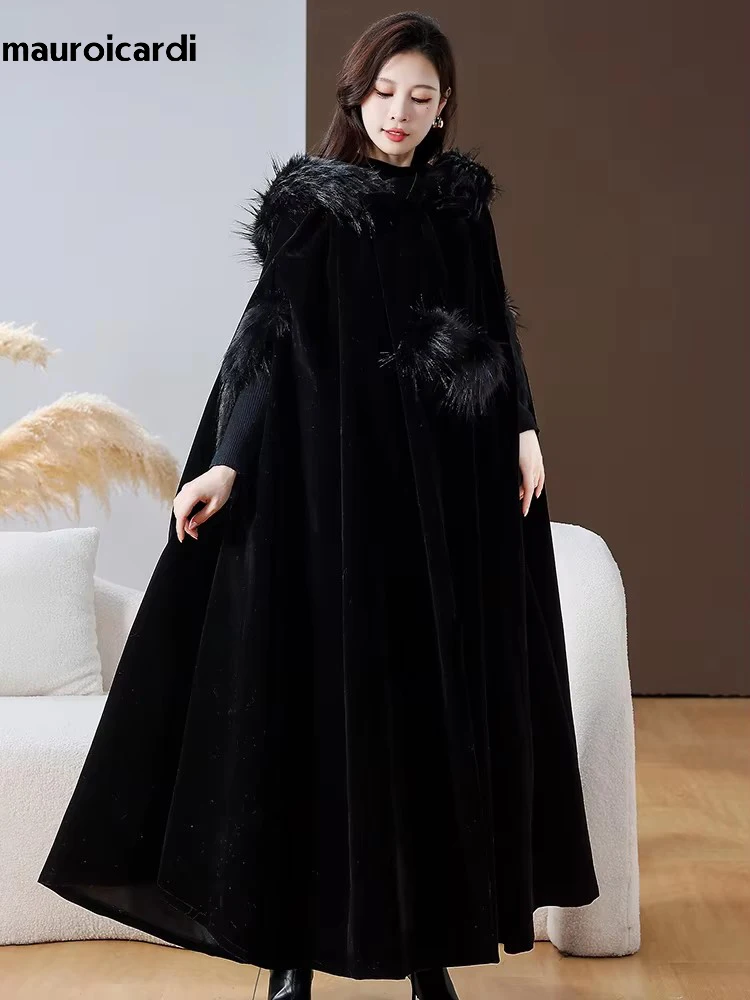 Mauroicardi Autumn Winter Extra Long Black Warm Flowy Velvet Cloak Women with Faux Fox Fur Trim Hood Luxury Maxi Goth Clothes