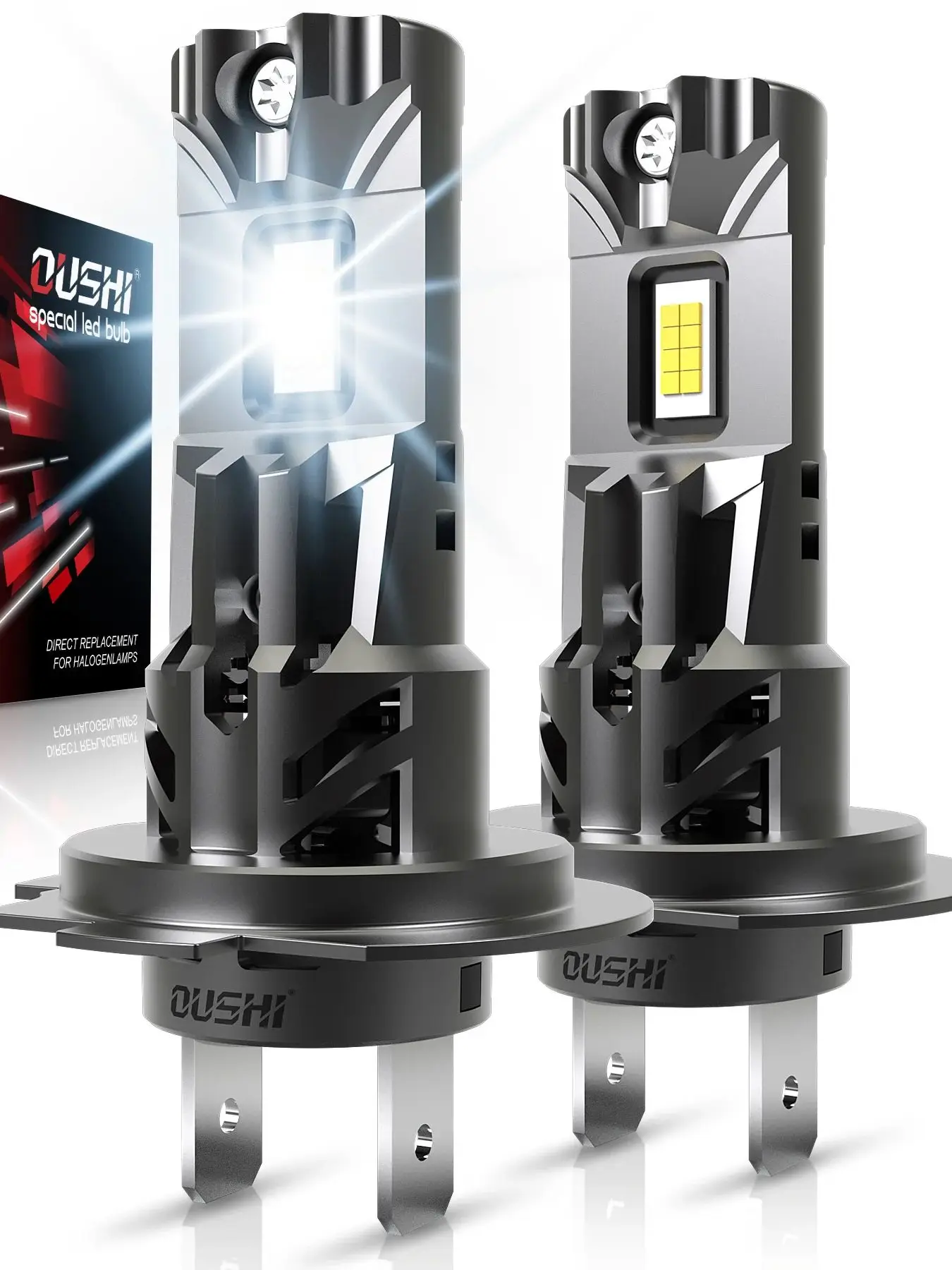 OUSHI 2er-Set H7-LED-Scheinwerfer für Autos, hohe Leistung, außergewöhnliche Helligkeit, Plug-and-Play-Glühbirnen, 6000 K, Weiß, mit Lüfter