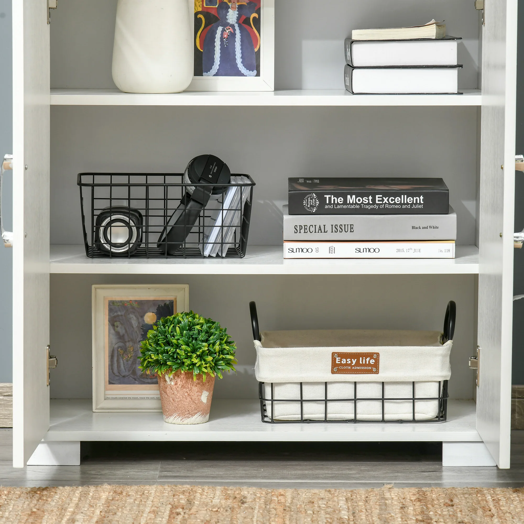 Industrial Style 4-Door Pantry Cabinet Organizer W/ Storage Shelves, White