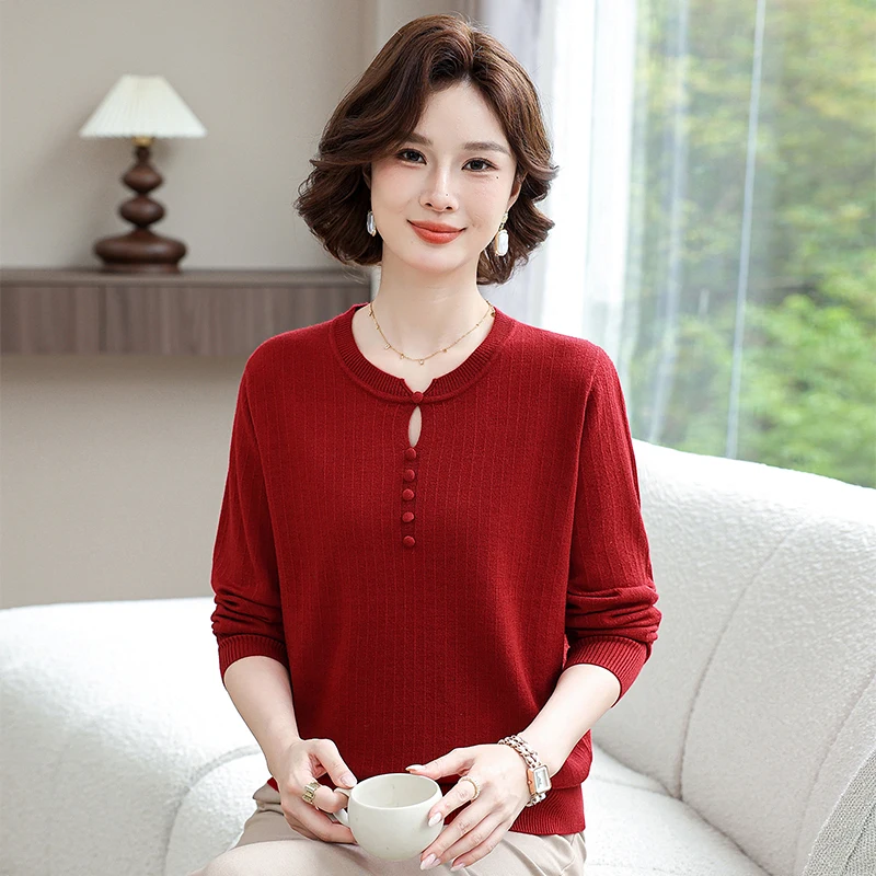 

Ele Wine Red Knitted Sweater Base Layer irt for Middle-Aged Women Faionable Straight Cut Pearl Decorated Cardigan
