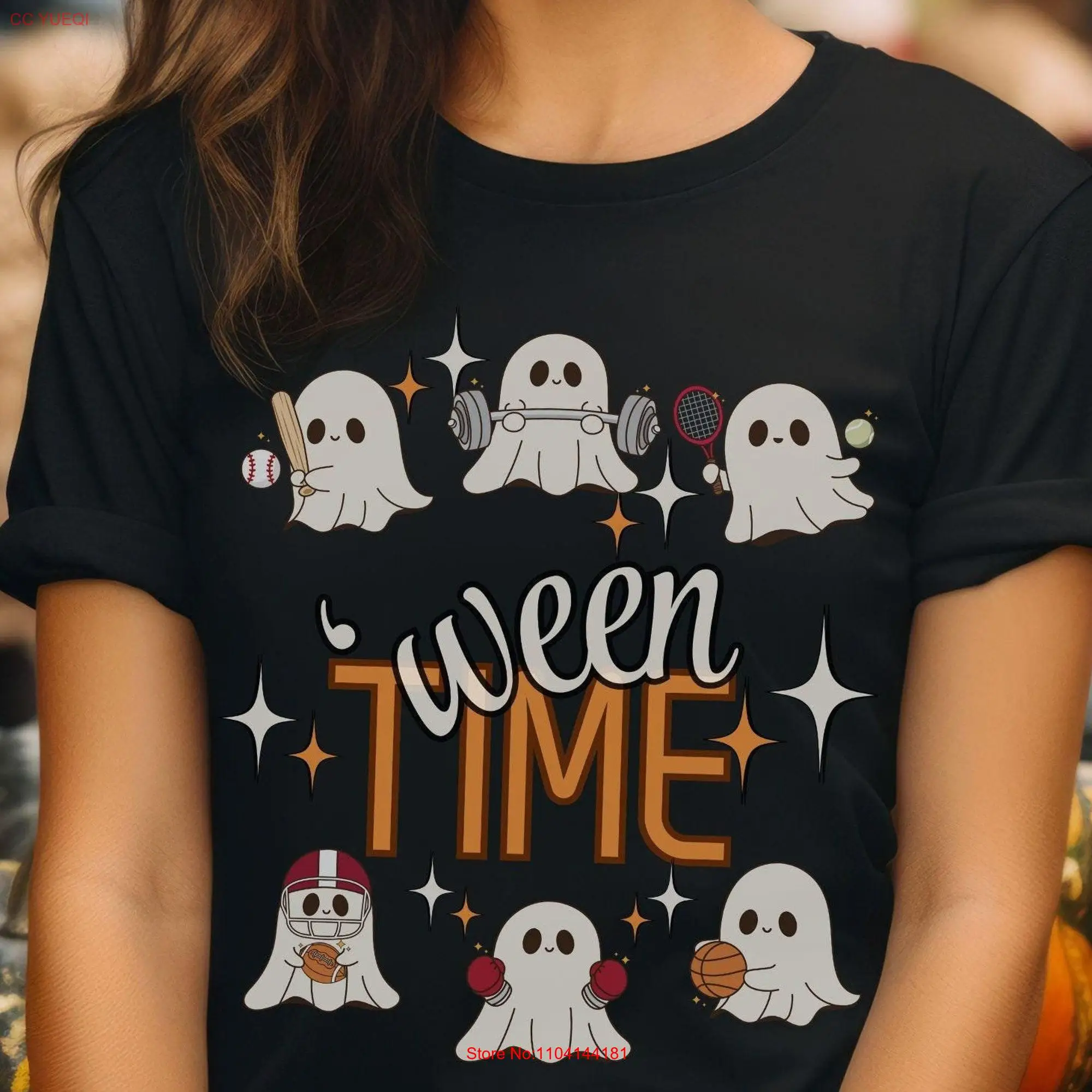 Camiseta de manga larga o corta de Halloween, camisa divertida de Halloween, fantasma juguetón, lindo acecho, feliz y aterrador, otoño