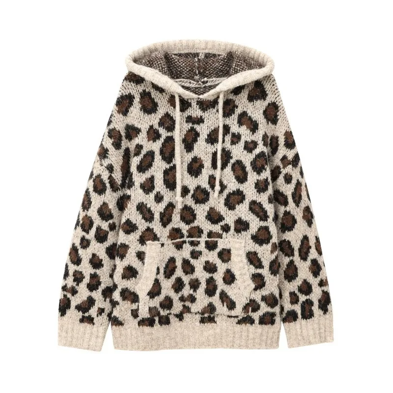 2025 Felpa con cappuccio lavorata a maglia jacquard con motivo animale a maniche lunghe allentata vintage autunno e inverno da donna