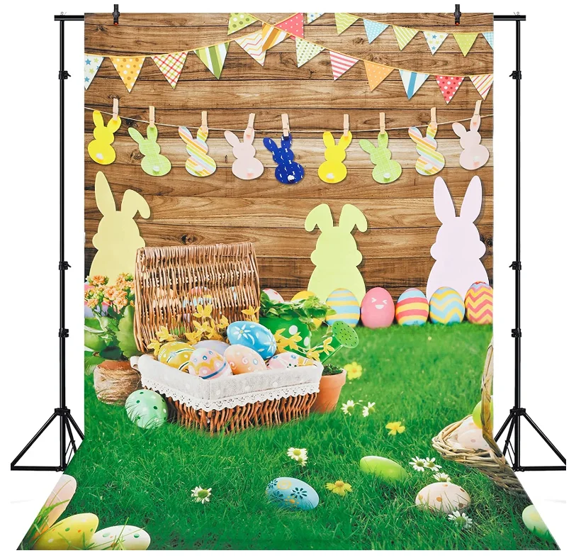 Easter Backdrop Easter Bunny Colorful Eggs Photo Backdrops Easter Backdrops for Photography Wooden Wall Green Grass Flag Banner