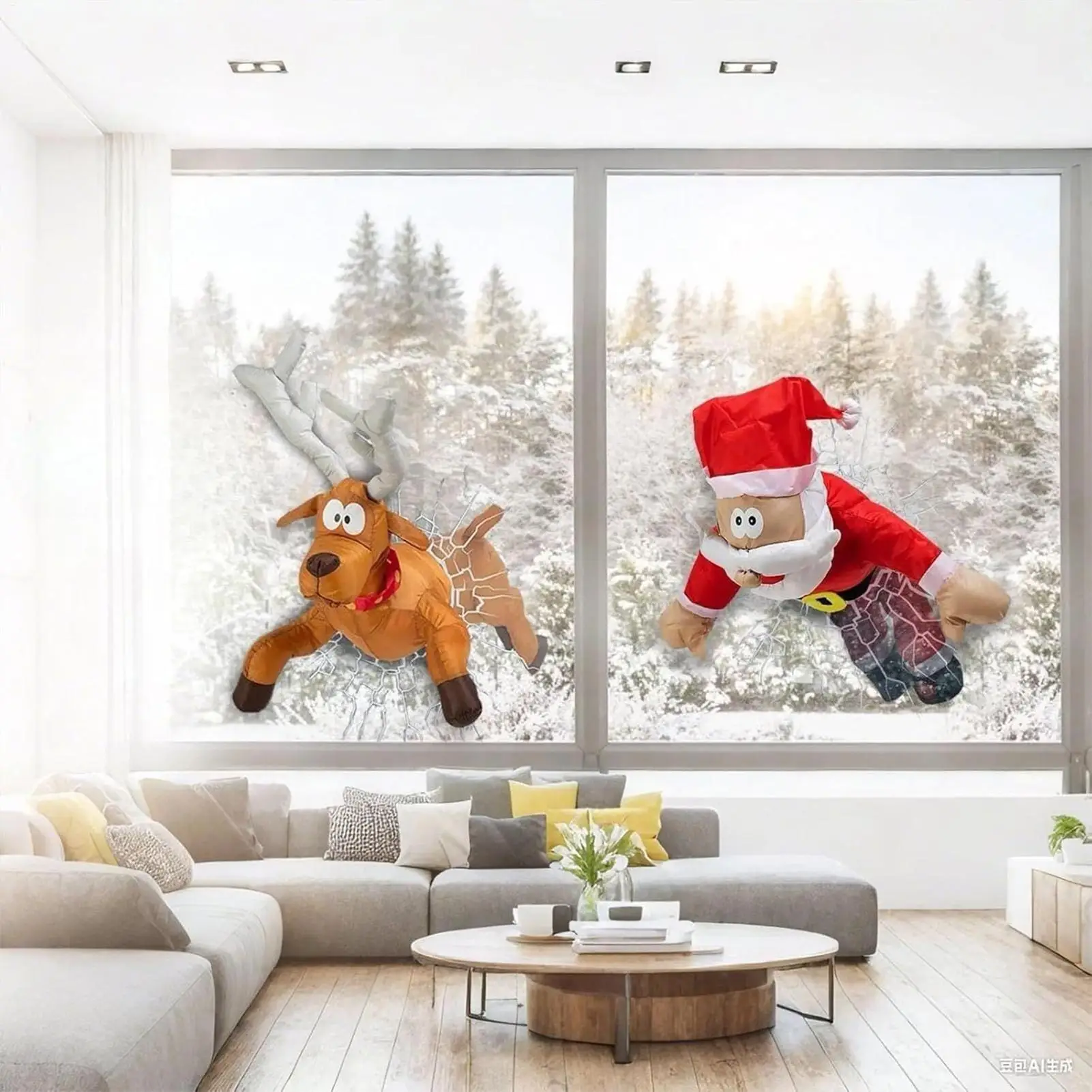 

Santa Animated Christmas Decoration with Kicking Action & Broken Glass Sticker, Funny Holiday Decor for Home Window Door