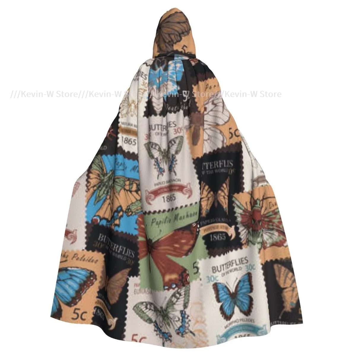 Long Cape Cloak Old Postage Stamps With Butterflies Hooded Cloak Coat Autumn Hoodies