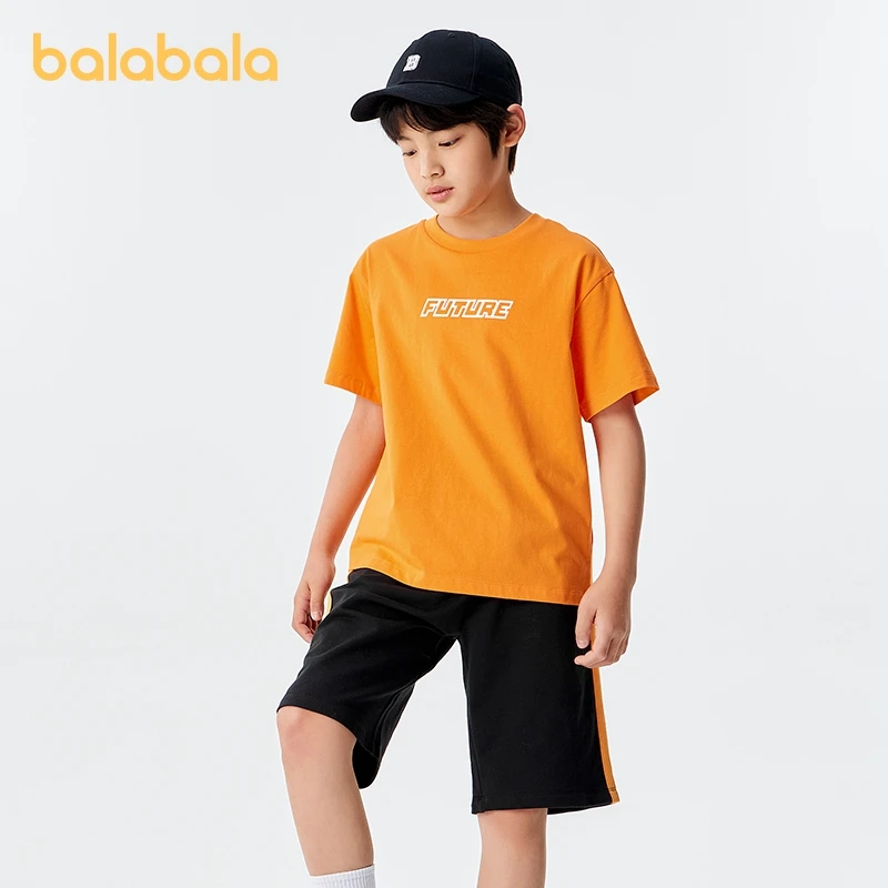 Balabala Children Short Sleeve Set Boys 2024 Summer New Middle and Big Kids Sports Two-Piece Set Pure Cotton Printed