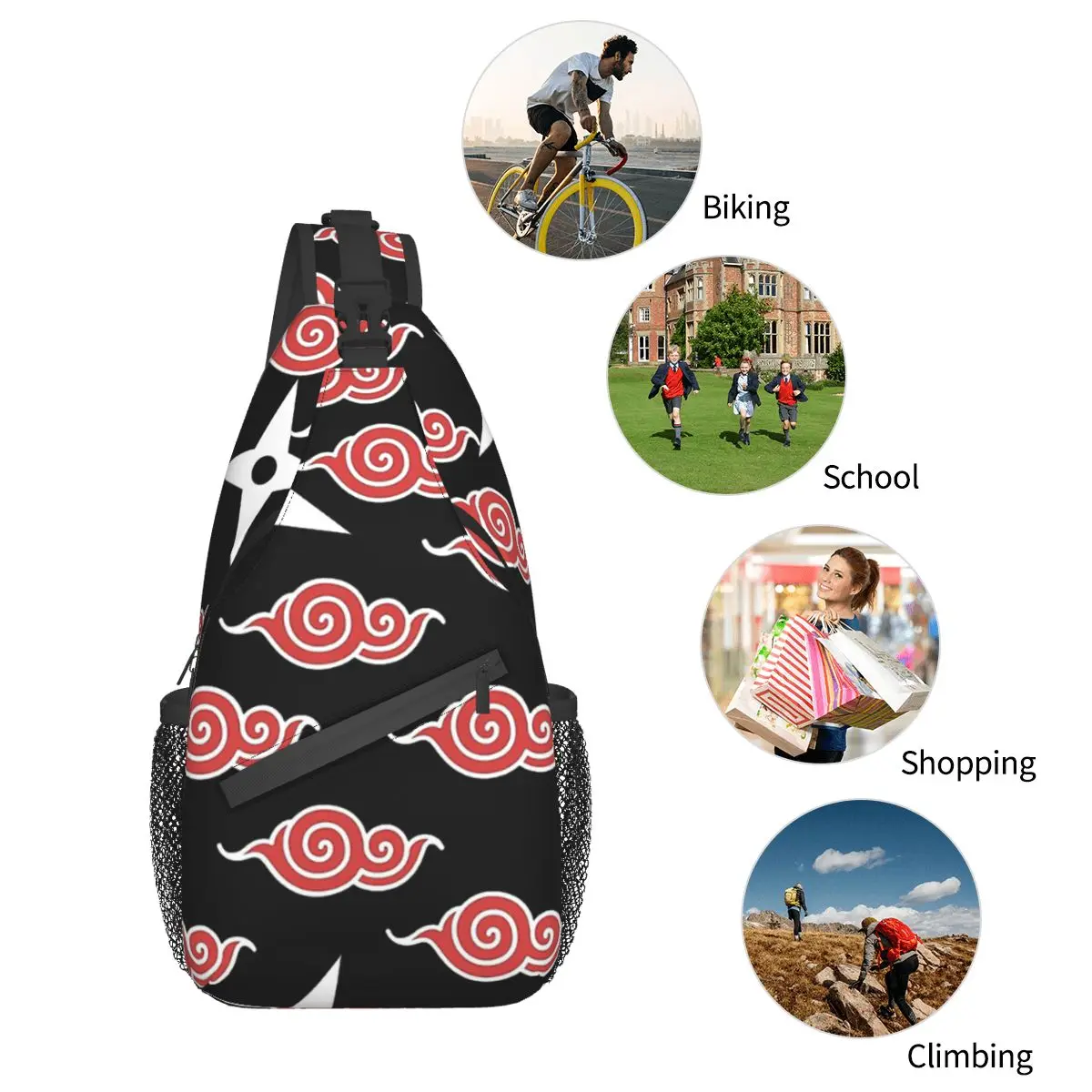 Japanese Shuriken Red Cloud Pattern Akatsuki Crossbody Chest Bags Pockets Travel Pack Messenger Sports Teens Shoulder Bag Unisex