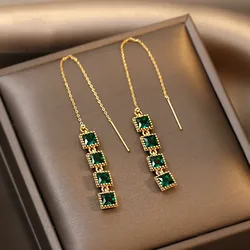 Gorgeous Square Green Zircon Stones Tassel Ear Line Korean Jewelry Trendy Gold Color Personality Earrings for Women Girl