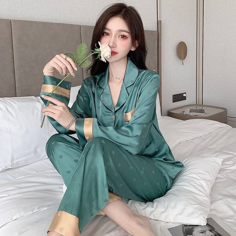 Top Autumn New Ice Silk Women Pajama Lapel Button Cardigan Outfits for Women 2 Piece Set Fashion Printing Set Clothes for Women