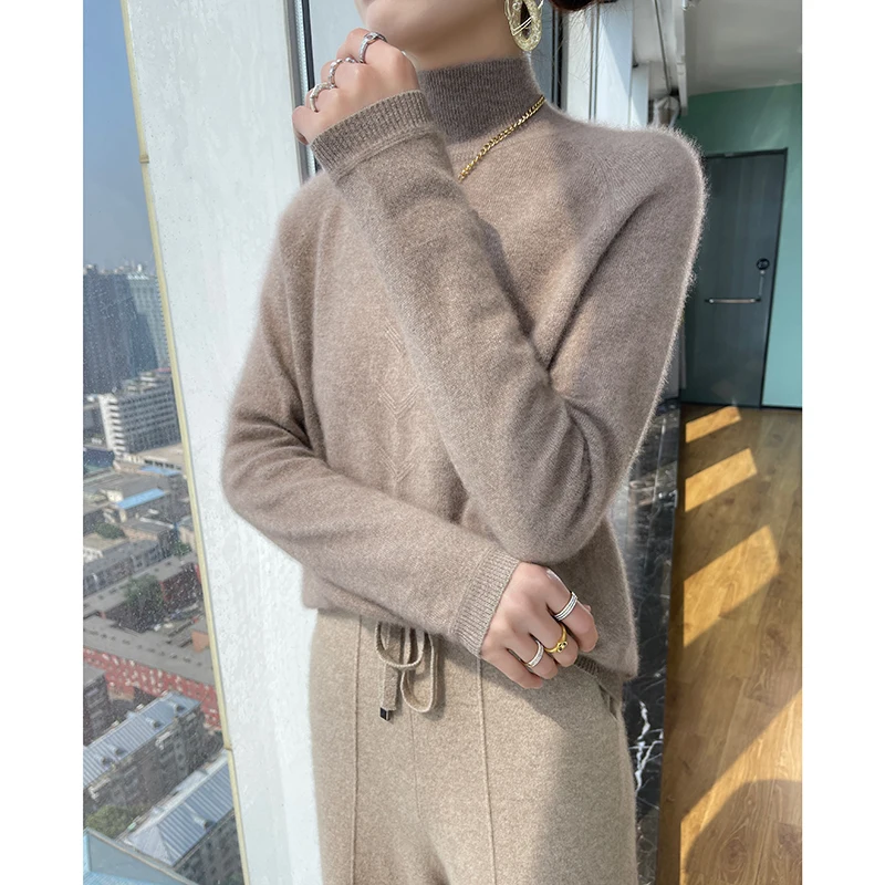 

Autumn and winter new 100% wool women's semi high neck solid color jacquard long sleeved knitted pullover sweater knitted shirt