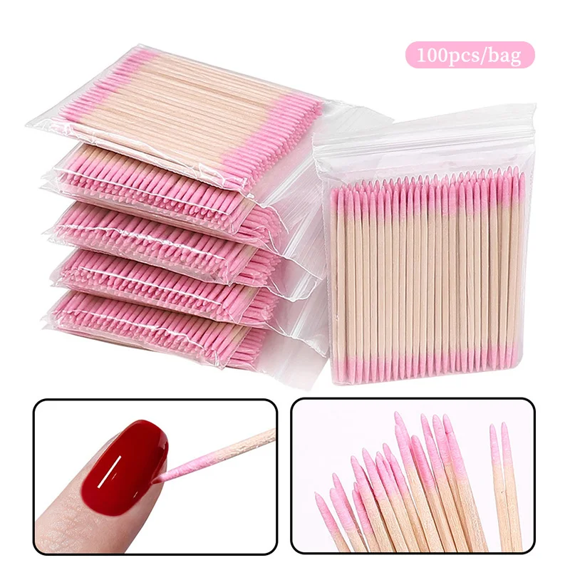 100 個両頭綿棒木製スティック付き尖った先端綿棒マニキュアリムーバー用使い捨てアートツール