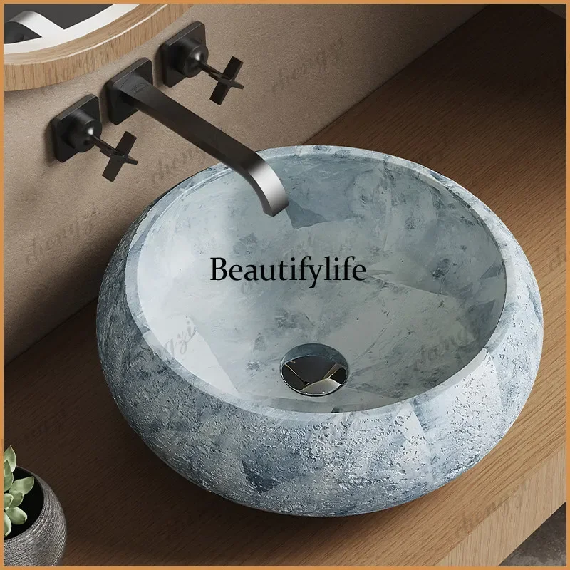 TTT  medieval style wabi sandy wind beige cave stone platform round wash basin retro Turkish cave stone platform basin