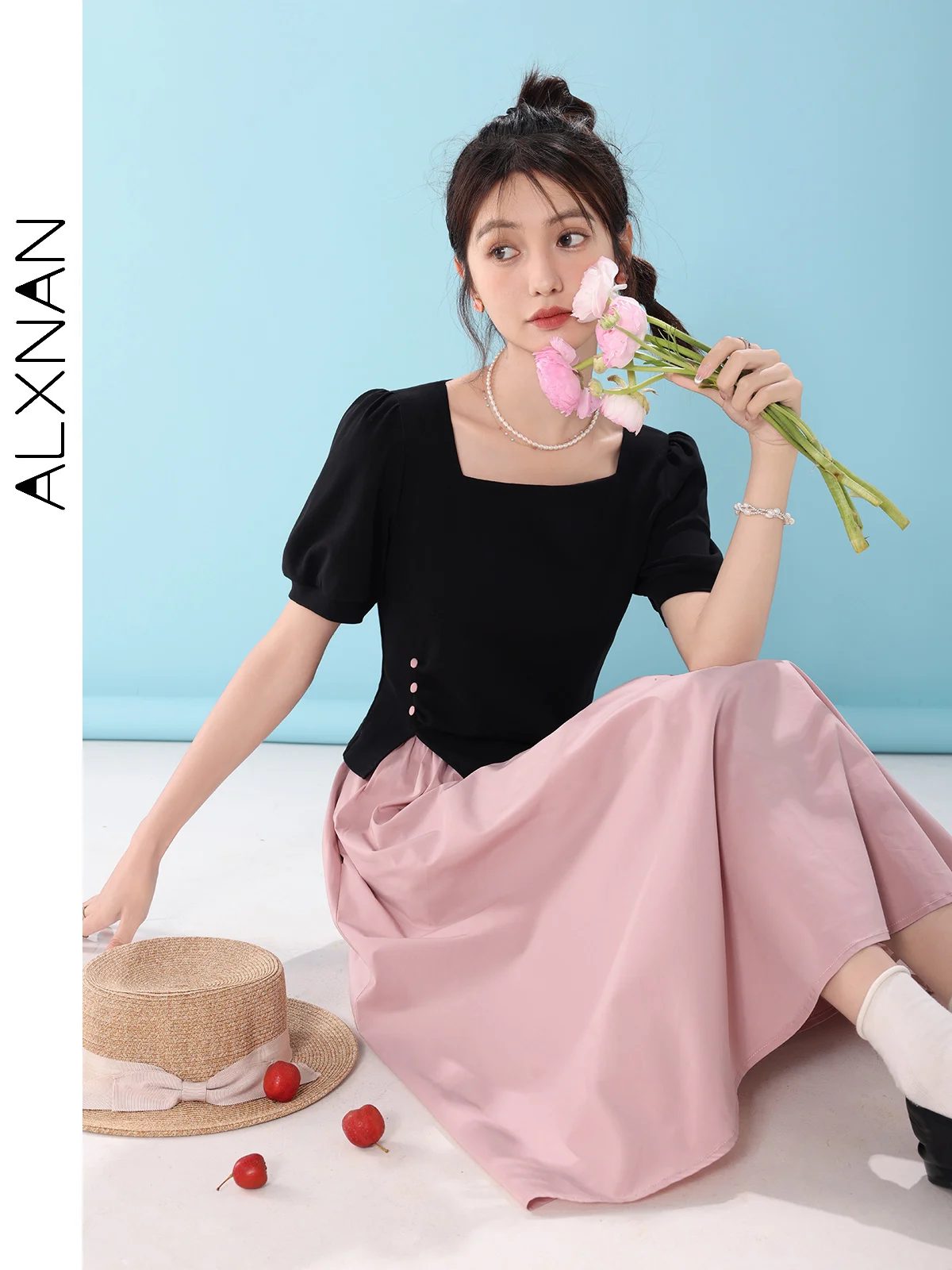 ALXNAN Pink A-line Pleated Skirt for Women 2024 Summer New Solid Commuter Comfort Casual Midi Skirts Female Clothing LXN296109