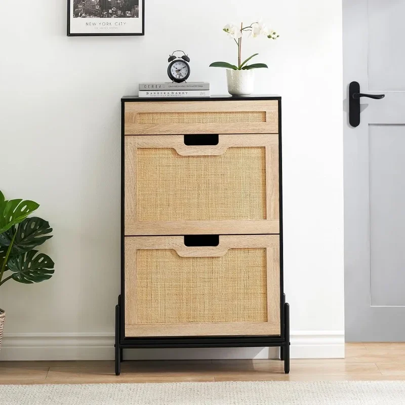 

Natural Rattan 2 Flip Door with 1 Drawer Shoe Cabinet Organizer Freestanding, Shoe Rack Storage Cabinet for Entryway