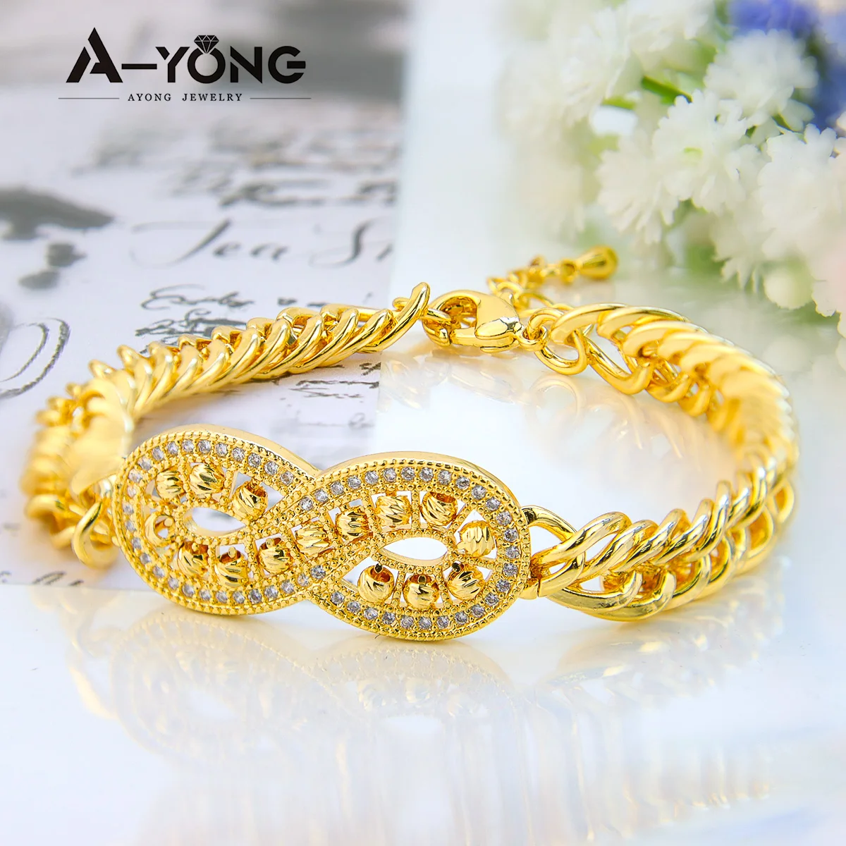 Luxury Gold Plated Beads Bracelet 21k Gold Color Turkish Cuban Infinity Bangles Dubai Saudi Women Wedding Party Jewelry