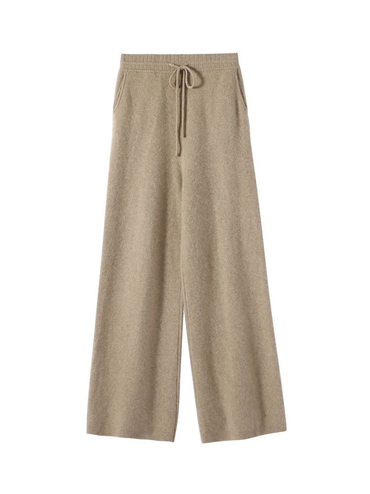

2025 Basics Long Pants Autumn Winter Women's Thick Elastic Waist 100% Cashmere Knitwear Warm Drawstring Trousers Wide Leg Jeans