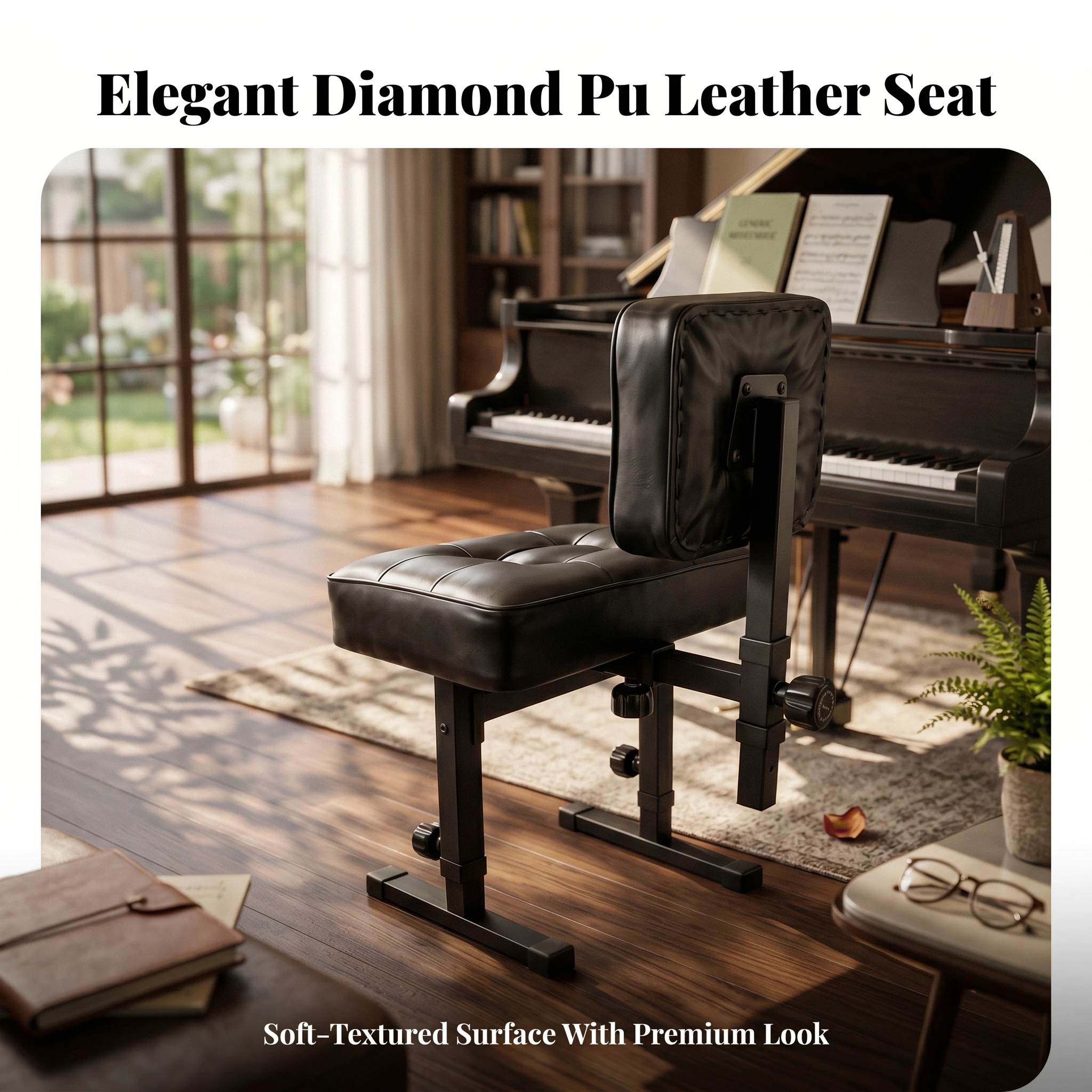 Banco de Piano Acolchado con Respaldo, Asiento Acolchado, Altura Ajustable, Taburete para Teclado, para Prácticas en Casa