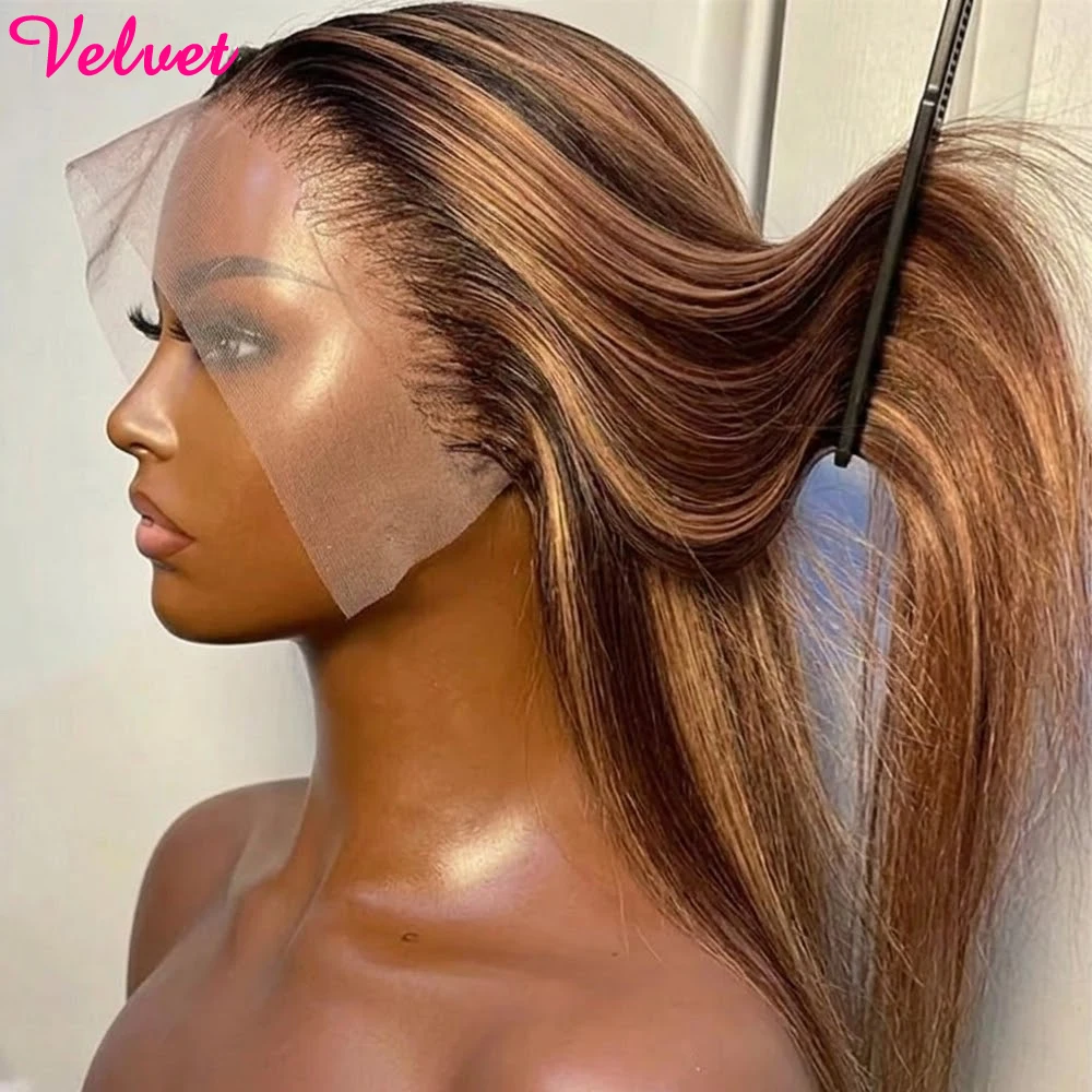 

Парик с прямой прозрачной HD-основой 13x6, 30 дюймов, с цветными прядями, из натуральных бразильских волос, 4/27, блонд-коричневый, предварительно проработанный