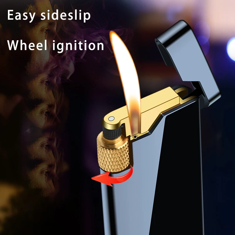 Metal slim grinding wheel inflatable open flame butane lighter creative personality trend hot selling