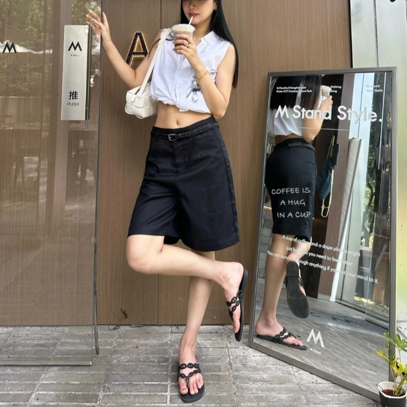 New Summer Woven Belt-decorated Linen Capri Pants