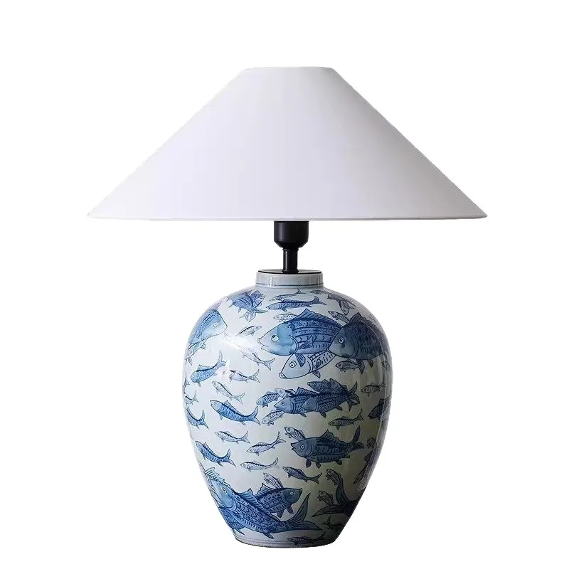 New Chinese retro blue and white porcelain table lamp ceramic lamp