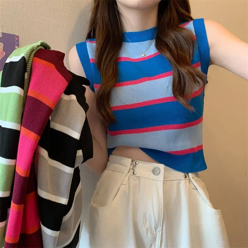 

Новый модный женский короткий полосатый топ контрастного цвета, летний облегающий вязаный жилет без рукавов, сексуальный и популярный облегающий жилет D705
