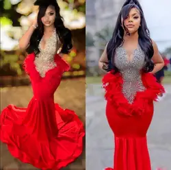 Elegant Red Prom Dresses For Black Girls Beading Sequined Feathers Sleeveless Formal Party Evening Dress Vestidos Prom 2024