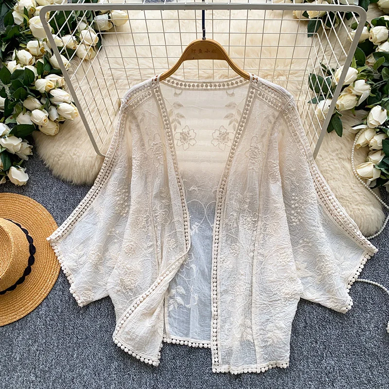 

Floral Lace Crochet Open Front Shirt Women Elegant Loose Fit Overlay Blouse Office Lady Casual Wear Cardigans Female Top BL499