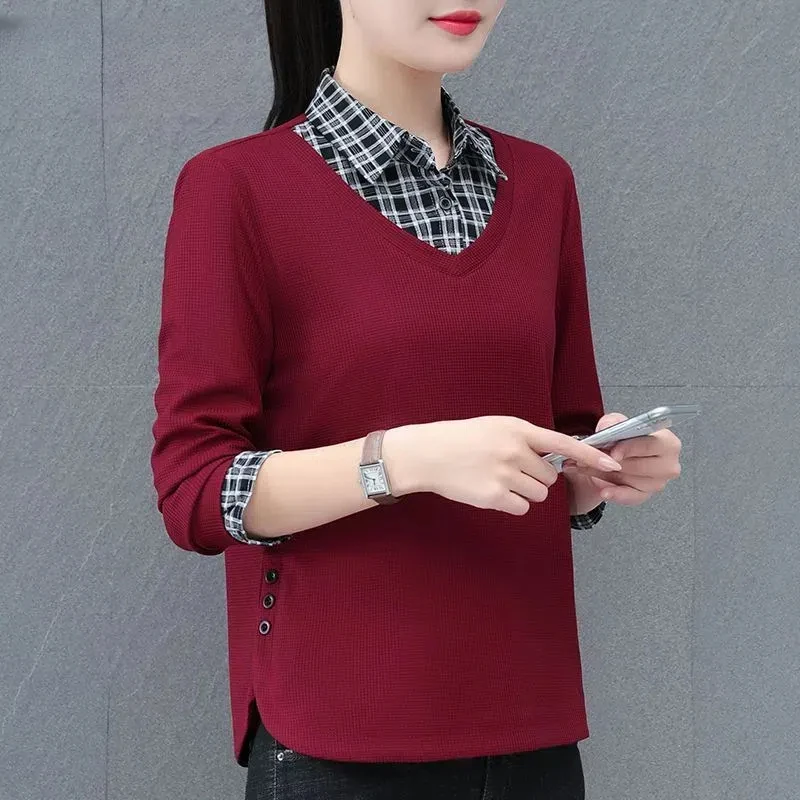 Button Long Sleeve Checkered Patchwork Contrast Color Spring Autumn Turn-down Collar Women's Clothing Pullover Casual Tops