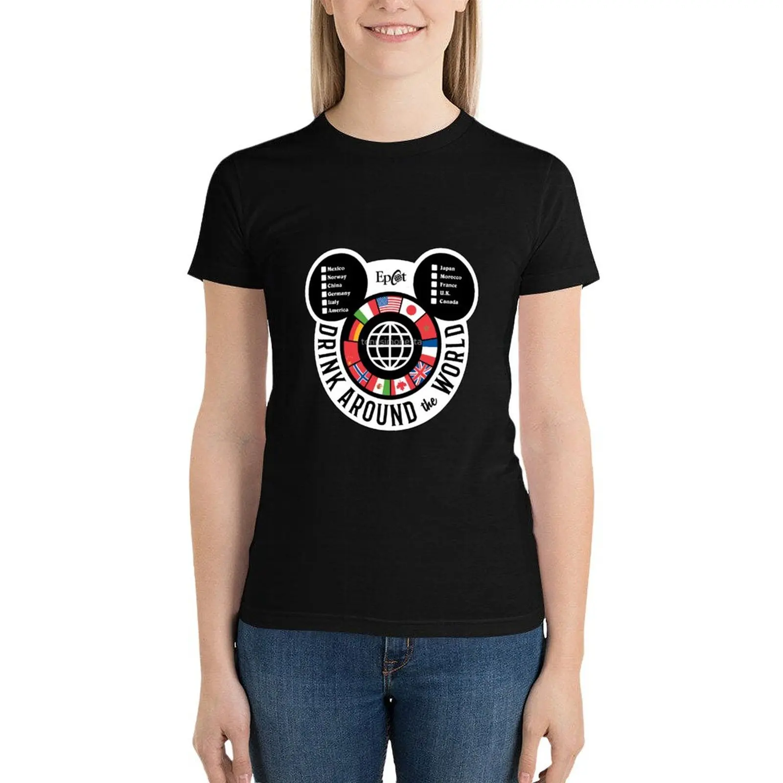 Official-Drink-Around-The-World-Epcot-Checklist-m-i-c-k-e-y T-Shirt oversized tops tees tops for Women