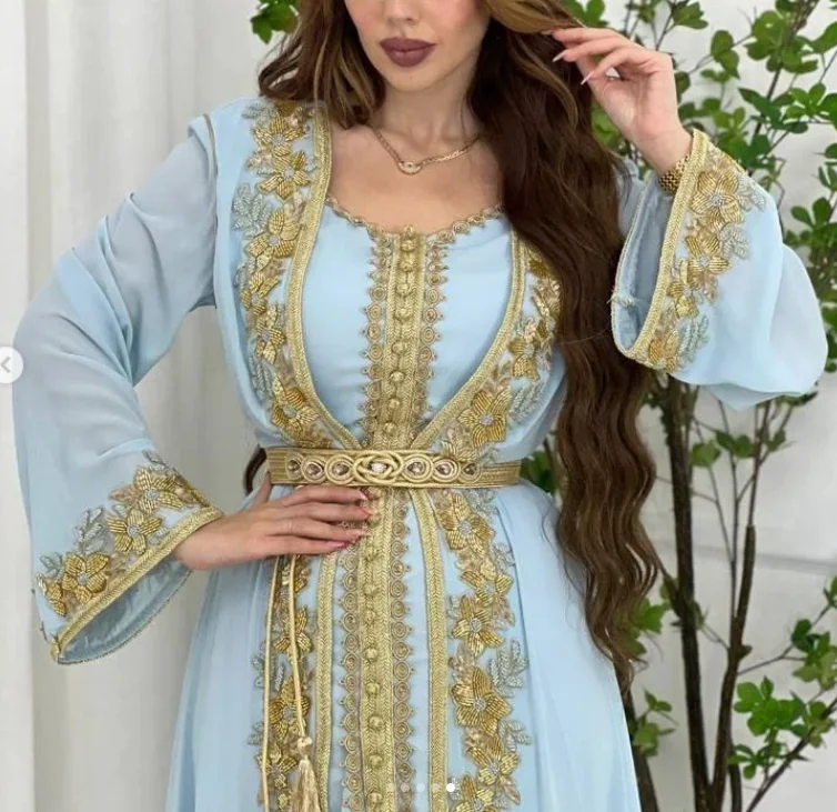 

Formal Dresses Abaya With Belt For Women Turkey 2 Pieces Set Muslim Moroccan Caftan Kaftan Beaded Print Abaya For Wedding Party