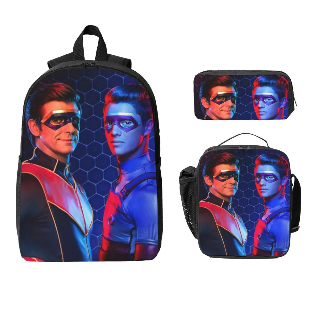 

3Pcs Captain Henry And Kid Danger Backpack Set for Children Pencil Boxes Bookbag Sets with Lunch Box For School Students Daypack