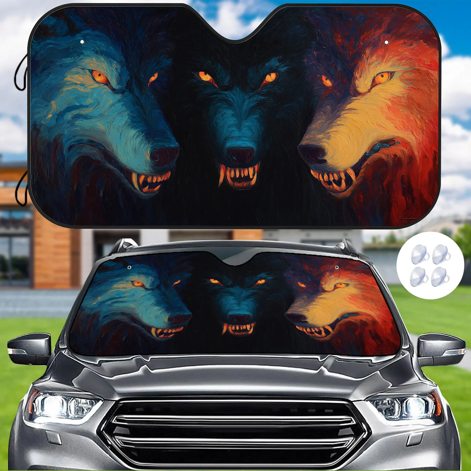 

Солнцезащитный козырек для автомобиля с 3 головками Wolf Art — теплоизоляционный и устойчивый к царапинам чехол на лобовое стекло с креплением на присоске, сохраняет интерьер