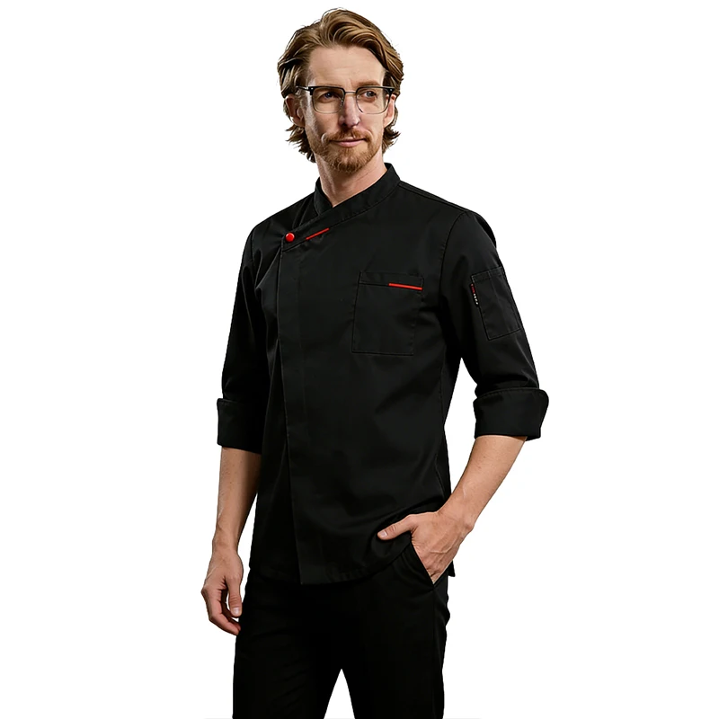 Food Service Chef Costume Men's Kitchen Jacket White Shirt Catering Uniform Barber Workwear Baker Loog sleeve Black Cooking Coat