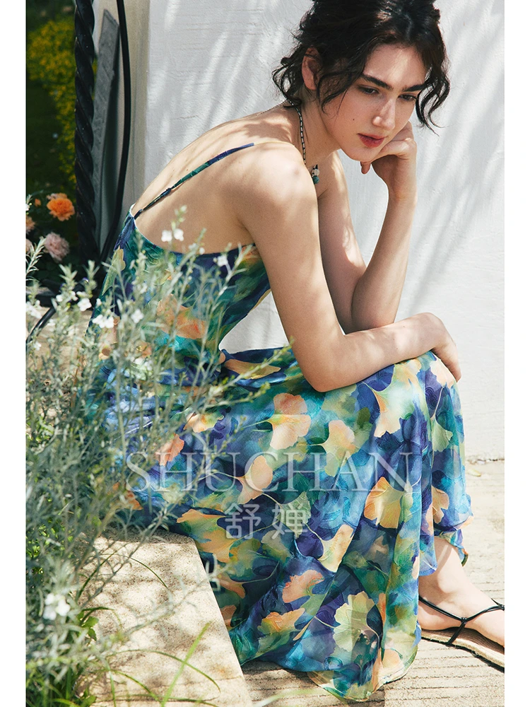 

Oil Painting Exquisite Cut Flower Fabric, Holiday Style Thin Spaghetti Strap Printed Summer Dress Women