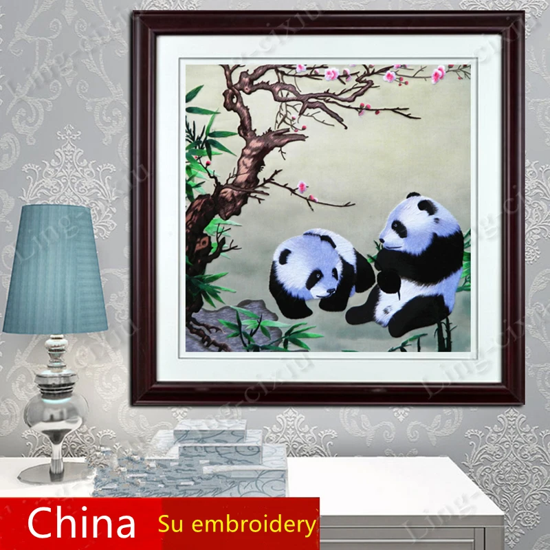 Suzhou embroidery panda mural living room restaurant hotel cafe interior decoration painting hand-embroidered gift painting S071