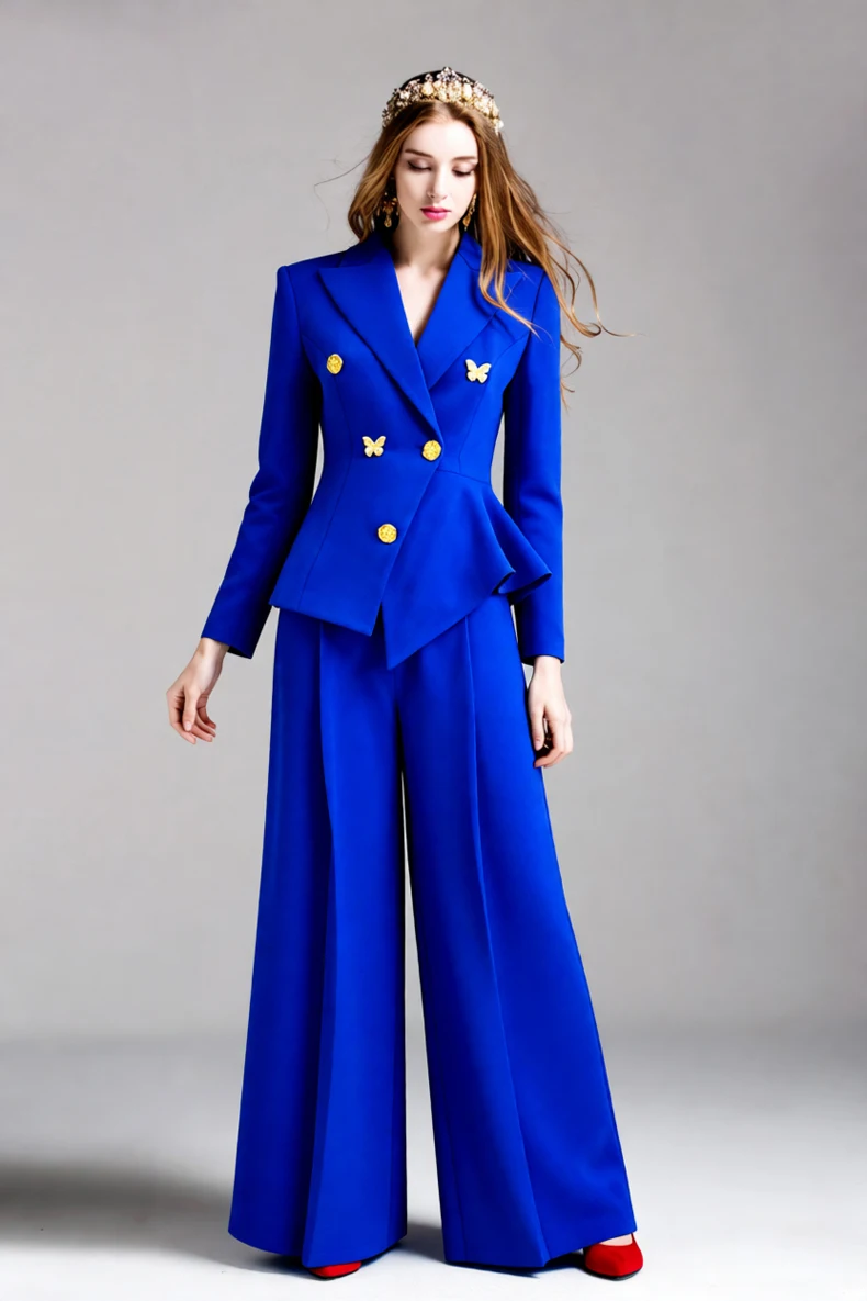 طقم نسائي بليزر بيبلوم باللون الأزرق الملكي بنطال ذو قصة أرجل واسعة وصدر مزدوج وزر ذهبي مزين بالفراشات مكون من قطعتين للمكتب #5