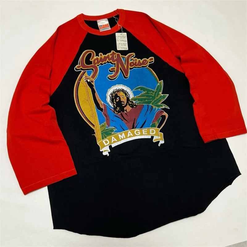 

Рог быка Иисуса, одинаковые по цвету футболки SAINT MICHAEL в стиле пэчворк для мужчин и женщин 1:1, винтажная футболка большого размера лучшего качества