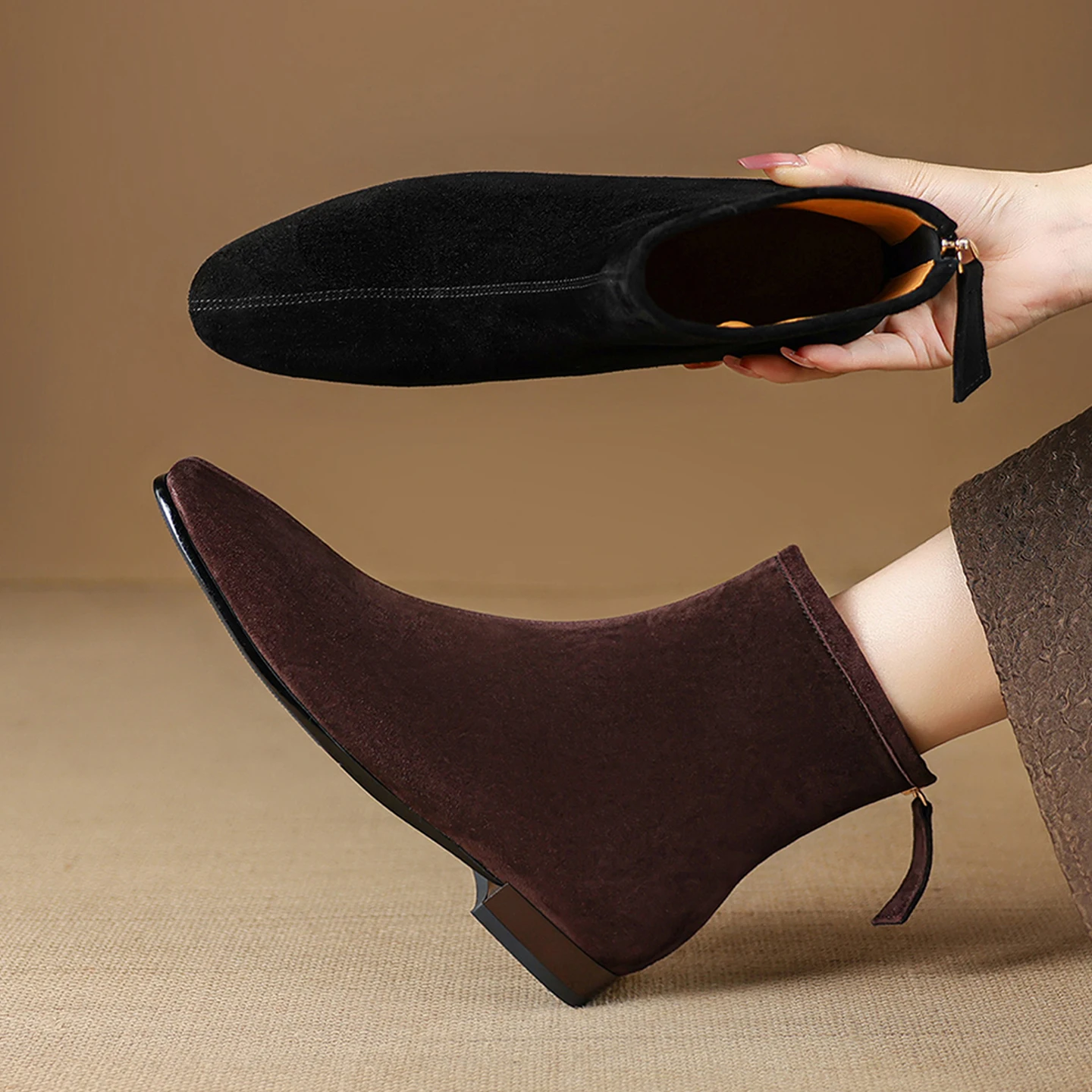 2026 new autumn winter women ankle boots natural leather plus size 22-25cm kid suede round toe back zip short boots fashion