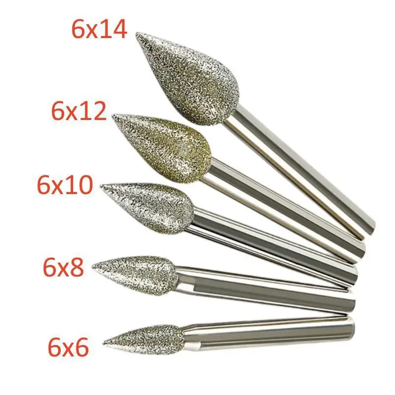 5PCS Dia 6mm Shank Diamond Grinding Burr Drill Bits with 6/8/10/12/14mm Grinding Head For Dremel Engraving Rotary Tools