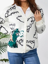 Women Casual Loose Tops Dinosaur Print Long Sleeve Loose Knitted Cardigan with Buttons Autumn Sweaters for Women S/M/L/XL