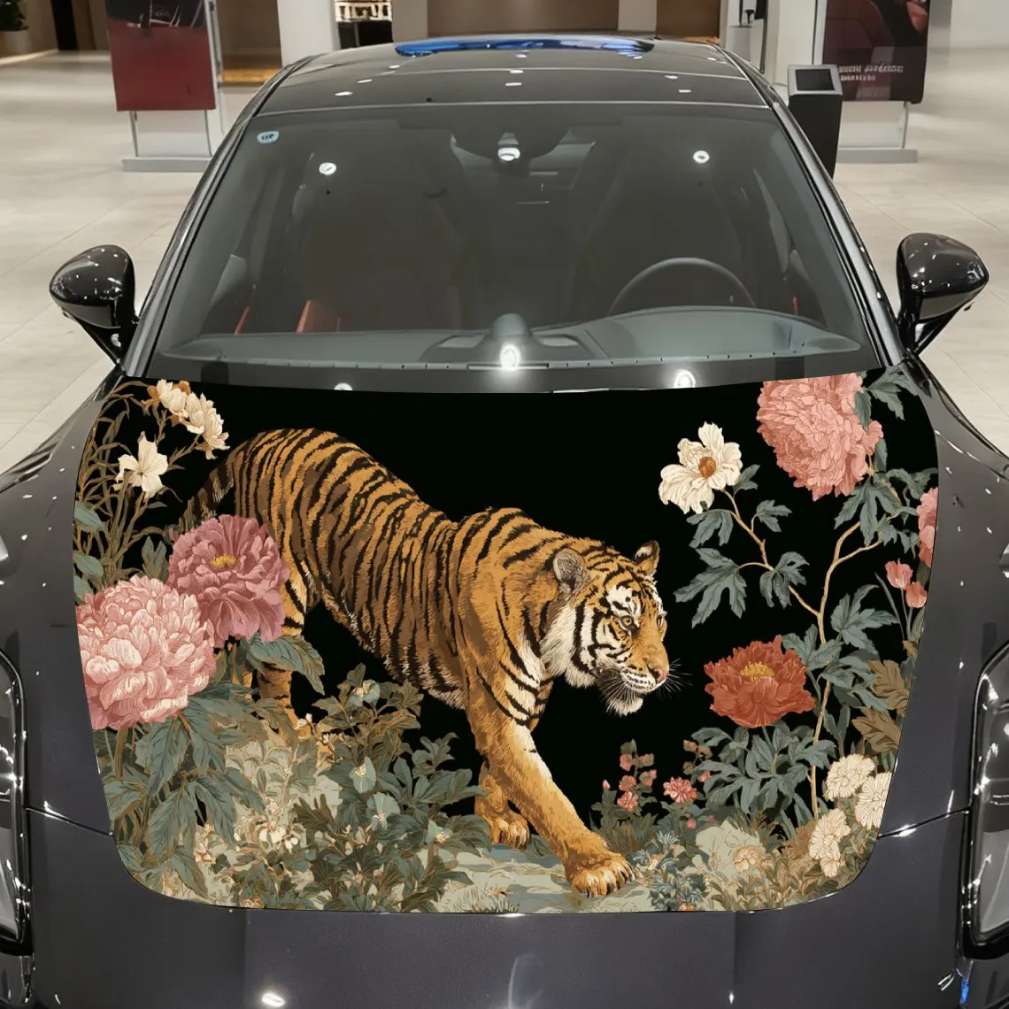 

Car Decal Tiger with Multifloral Dark Artistic Background & Ferocious-Opulent Aesthetic Car Hood Sticker, Waterproof Self - Adhe