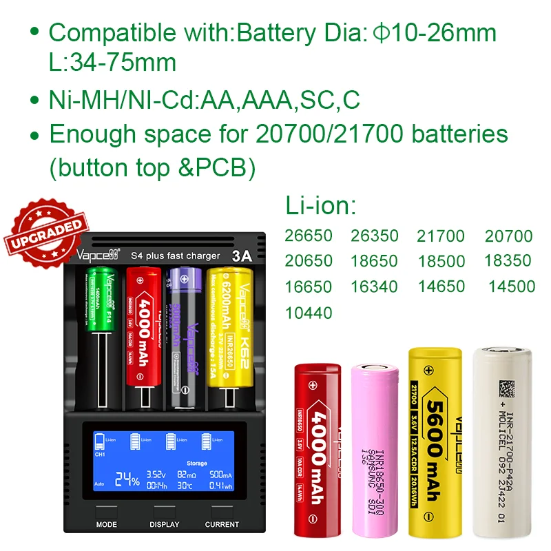 Intelligent Vapcell S4 Plus V3.0 Fast Charger 4 Slots 12A Powerful Lithium ion Battery Charger With NEW Storage Mod Adapter