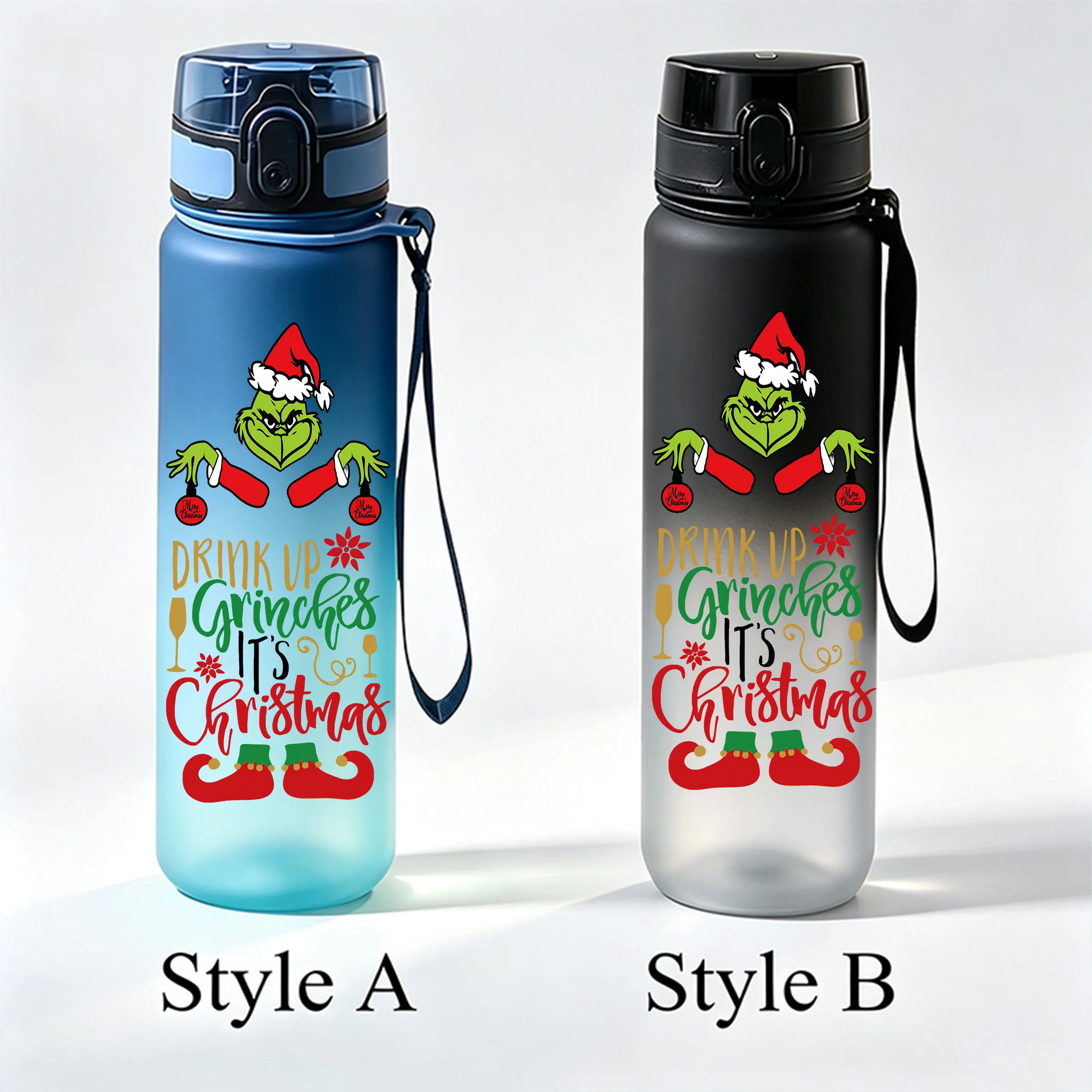 650ml The Grinch Christmas Bouncing Lid Water Cup, Gradient Frosted Leak‑proof Portable Sports Drinking Bottle with Lanyard