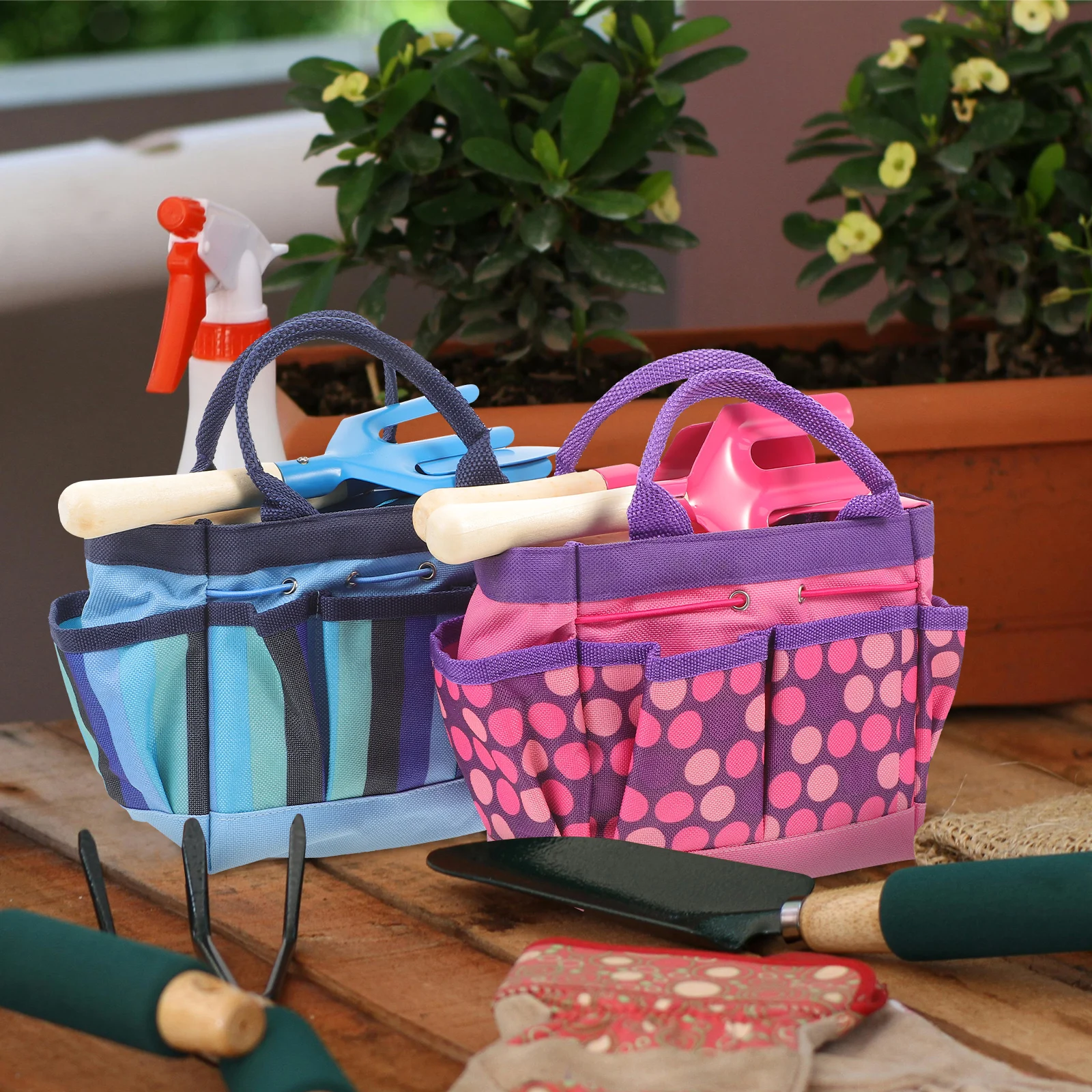 Herramienta de jardinería para niños, herramientas de plantación, Kit de juguetes, regadera, guantes, pala, rastrillo, tenedor, bolsa de mano, seguro educativo