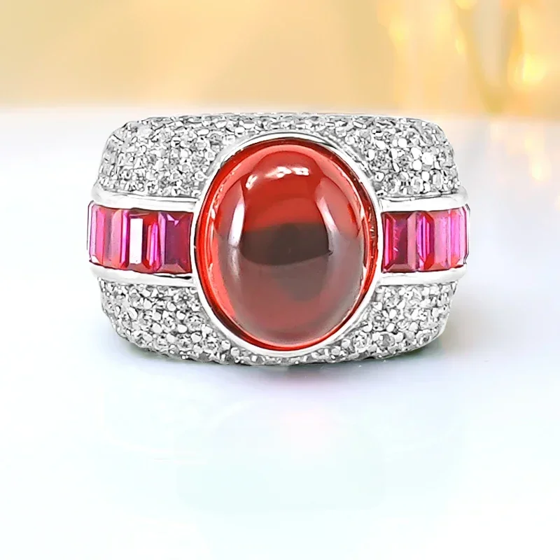 Luxury Set Artificial Red Chalcedony 925 Silver Ring with High Carbon Diamond Ring Vintage Wedding Jewelry