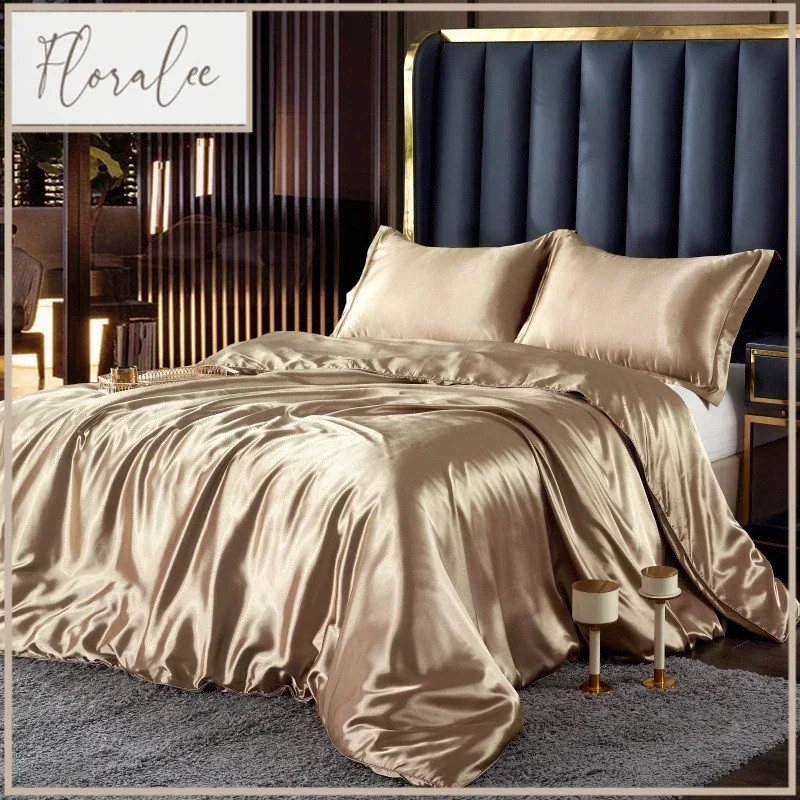 

Nordic Silk Bedding Set With Duvet Cover Bed Sheet Pillowcase Luxury Couple Single Double Summer 1/2 People Solid Bedsheet
