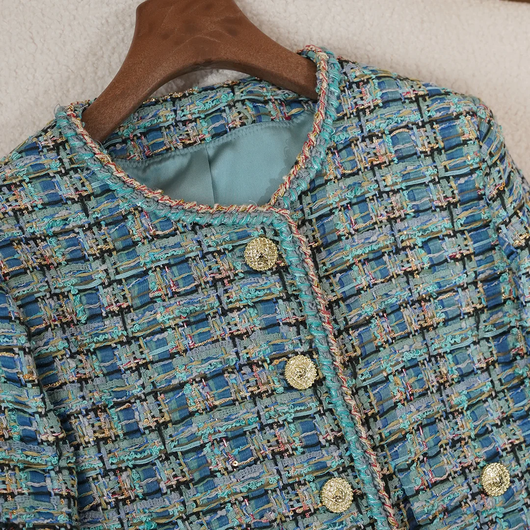 سترة تويد منقوشة فاخرة للنساء، رقبة دائرية عتيقة، جودة عالية، خريف وشتاء، طراز كوري، 2025