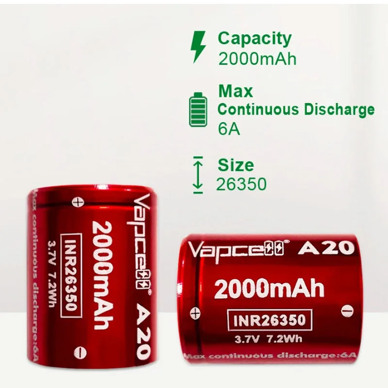 Vapcell-Batterie Lithium-ion Rechargeable, Capacité 26350 mAh, Snap2000 V, Cellule pour Lampe de Poche, VapeMod, Original, A20 INR 3.7
