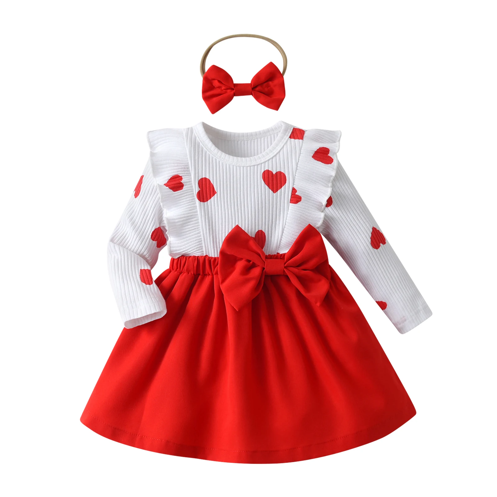 Cute Newborn Baby Girl 2PCS Clothes Set for 0-2 Years New Love Pattern Long Sleeve Dress Come with Headband Toddler Girls Outfit